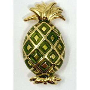 Joan Rivers Green GoId Pineapple  Enamel Gold  Tone Pin Brooch Vintage
